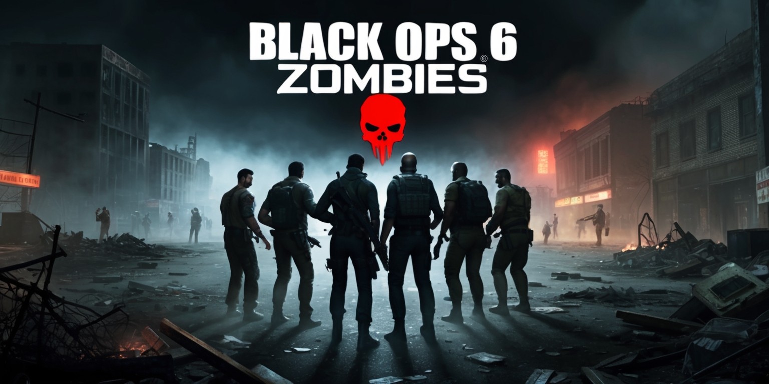 A dimly lit, eerie atmosphere surrounds a group of four survivors, each with unique facial features and skin tones, standing back-to-back in a circular formation, preparing to fend off an impending zombie horde in a deserted, post-apocalyptic urban landscape, with debris-filled streets, crumbling buildings, and flickering neon signs in the background, set against a dark, ominous sky with hints of red and orange hues, evoking a sense of tension and foreboding, with the words 