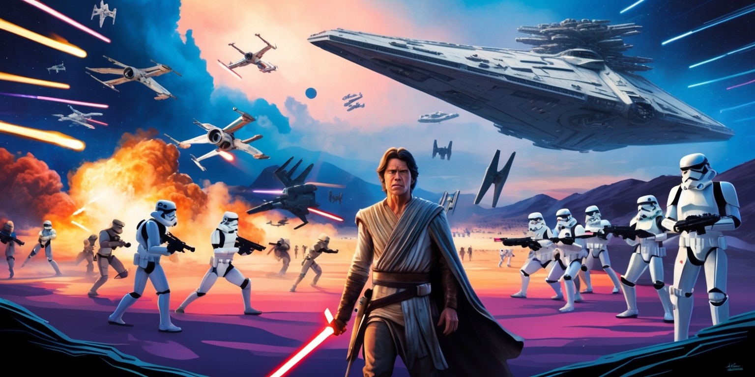 A sweeping scene from a Star Wars movie, set in a galaxy far, far away, with a vibrant, cosmic landscape dominated by shades of deep blues and purples, punctuated by flashes of bright orange and yellow light from blaster fire and explosions. In the foreground, a hero stands tall, perhaps Luke Skywalker or Rey, clad in worn, earth-toned robes, with a determined look on their face, their lightsaber shining brightly. Surrounding them, a bustling battle rages on, with X-wing fighters soaring through the skies, and stormtroopers, both new and old, clashing with Rebel Alliance forces. In the distance, the imposing silhouette of a Star Destroyer looms, its sleek, metallic hull glistening in the fading light of a binary sunset. Every element is rendered in a stylized, cinematic style, with bold lines, dramatic shading, and a sense of dynamic movement.