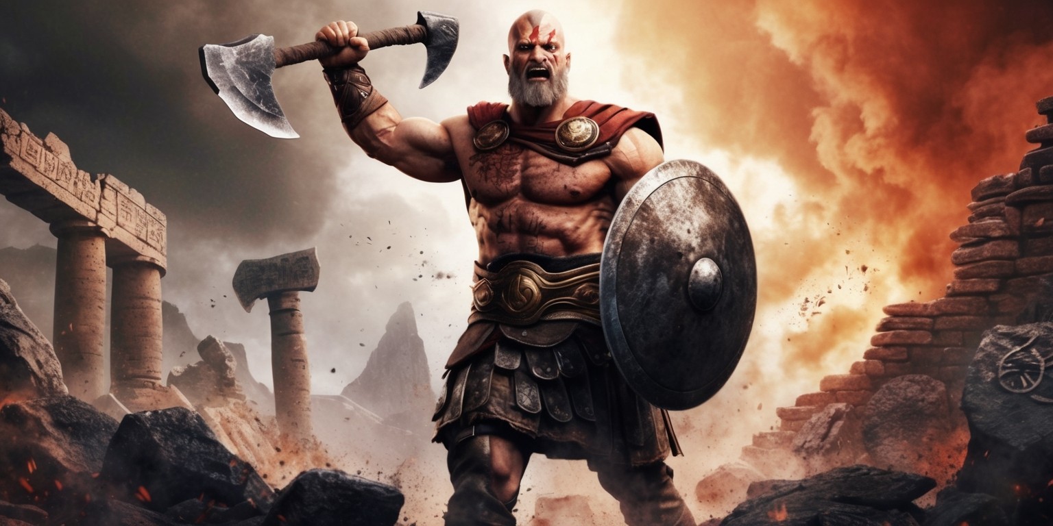 A dramatic illustration of Kratos, the iconic God of War, standing victorious in a ravaged ancient Norse landscape, with a worn and weathered Leviathan Axe grasped firmly in his right hand, his facial expression a mix of exhaustion and determination, showcasing his rugged, battle-hardened skin and piercing blue eyes, set against a backdrop of fiery, orange-tinged clouds and crumbling stone structures, with subtle hints of mystical runes etched into the rocks, in a bold, dynamic composition that blends traditional fantasy illustration with a modern, gritty aesthetic, dominated by earthy tones of brown, gray, and crimson, with flashes of golden armor and fiery embers.