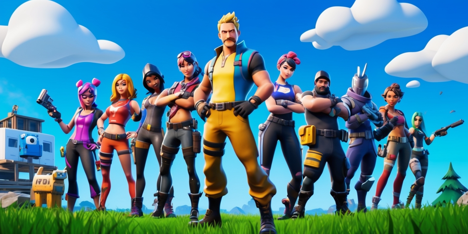 A vibrant and action-packed digital illustration depicting the popular battle royale game Fortnite, set against a bright blue sky with fluffy white clouds, featuring a diverse group of colorful characters, known as skins, in the foreground, each with their unique outfits, accessories, and hairstyles, such as the default skin, Renegade Raider, and Dark Voyager, showcasing various facial expressions, from determined to joyful, with detailed skin textures and subtle animations, surrounded by elements of the game's environment, including buildings, trees, and hills, with hints of the game's iconic Loot Llama and Battle Bus in the distance, all rendered in a stylized, cartoonish style with bold lines, vibrant colors, and dynamic lighting, evoking a sense of excitement and adventure.