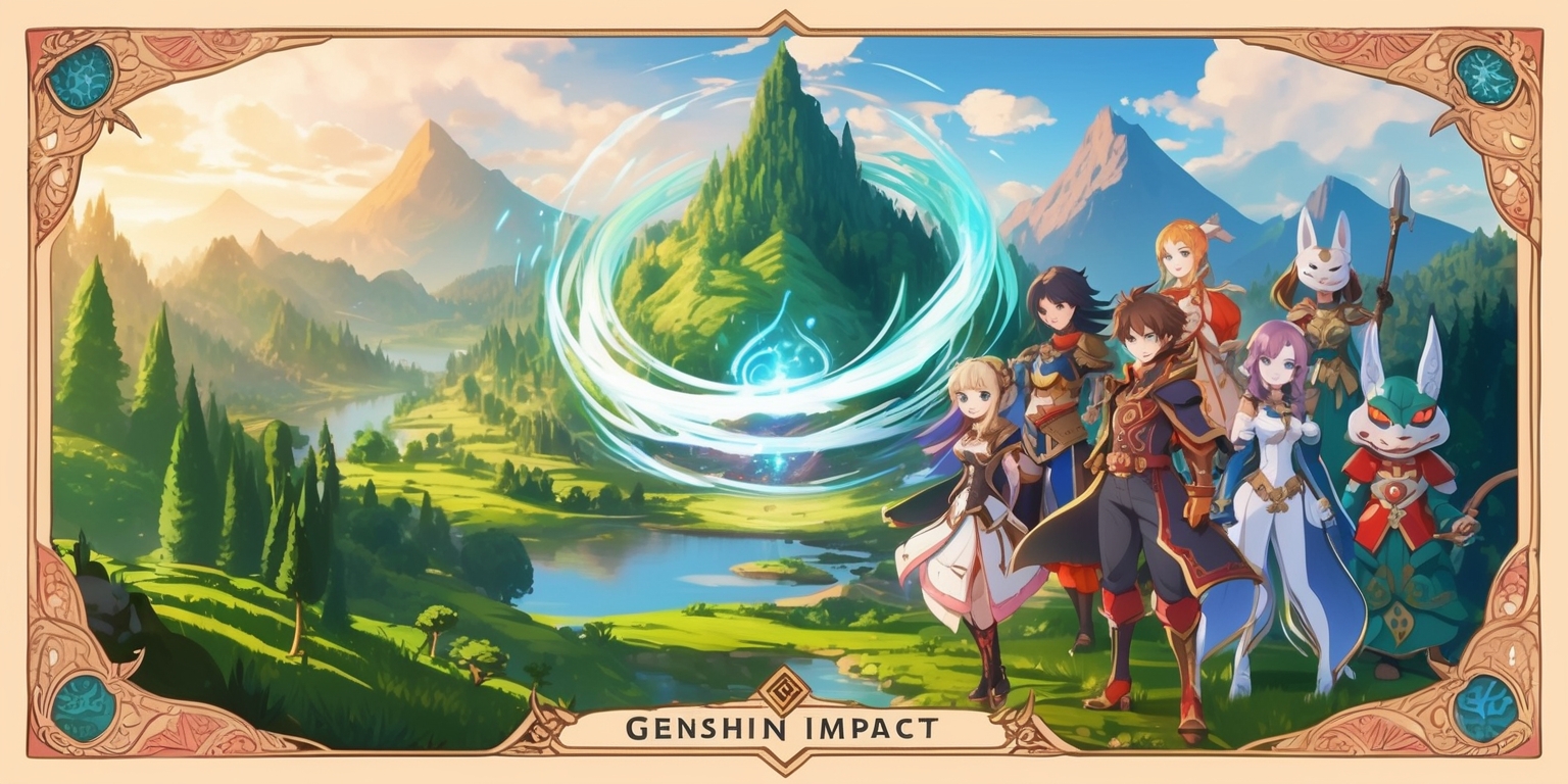 A vibrant, fantastical landscape depicting the world of Teyvat from the popular game Genshin Impact, with lush green forests, majestic mountains, and serene water bodies, set against a warm, golden sunlight, evoking a sense of adventure and wonder, featuring a group of characters from the game, including the Traveler, Paimon, and other prominent figures, with intricate, anime-inspired designs, vibrant costumes, and detailed facial features, showcasing their unique personalities, amidst a swirling vortex of elemental energies, with subtle, shimmering effects, and delicate, wispy clouds, rendered in a rich, colorful, stylized art style reminiscent of the game's concept art, with bold lines, expressive brushstrokes, and subtle texture, framed by a subtle, ornate border, with intricate patterns and motifs inspired by the game's cultural influences.