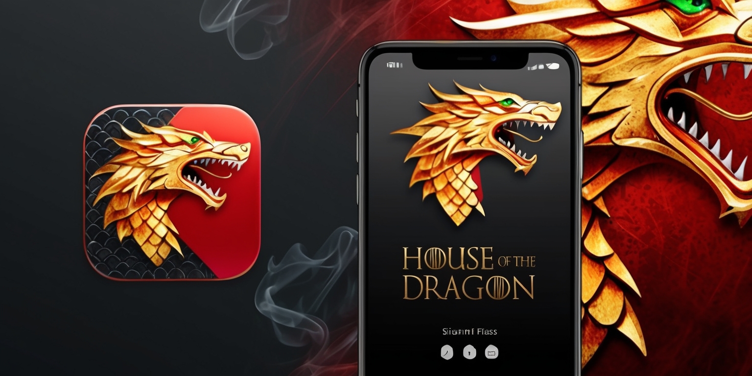 A sleek, modern mobile app design for House of the Dragon, featuring a bold, red-and-black color scheme inspired by the Targaryen sigil, with intricate, golden dragon scales and subtle, fiery textures. The app icon showcases a stylized, 3D dragon's head with piercing, emerald-green eyes, its mouth open in a fierce roar, set against a dark, gradient background that evokes the mysterious, ancient world of Westeros. The UI features clean, geometric lines, with elegant, cursive typography and subtle, animated flourishes that echo the show's epic battles and sweeping landscapes. In the background, a faint, wispy pattern of dragonfire and smoke adds depth and visual interest, while the overall layout is intuitive and easy to navigate, perfect for fans of the hit HBO series.