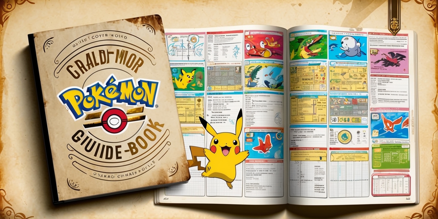 A comprehensive, vintage-style guidebook for the Pokémon Trading Card Game, with a worn, beige cover featuring a debossed, gold-foil Pokémon logo on the front, surrounded by intricate, curved lines and ornate typography, evoking a sense of nostalgia and adventure, against a warm, creamy background that resembles aged paper. The guidebook is adorned with colorful, whimsical illustrations of various Pokémon, such as Pikachu, Charizard, and Squirtle, in action-packed scenes, showcasing their unique abilities and moves. The pages inside are filled with detailed, hand-drawn diagrams of card combinations, strategy tips, and rules explanations, all presented in a clean, easy-to-read layout with bold, serif fonts and vibrant, pastel-colored accents. A few dog-eared pages and subtle coffee stains add to the guide's well-loved, battle-worn appearance.