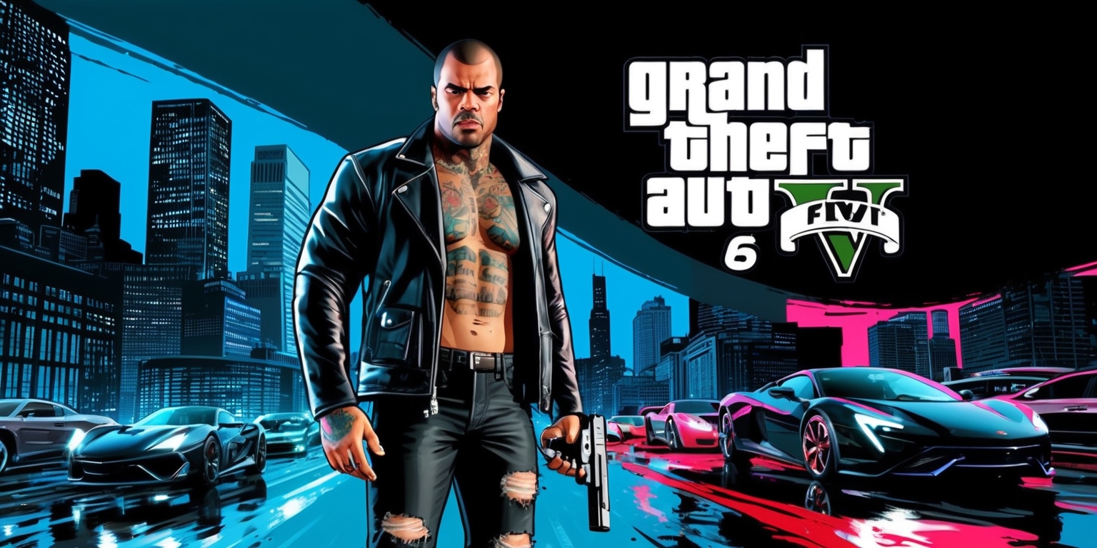 A gritty, high-contrast poster art depicting the fictional cityscape of Grand Theft Auto 6, set against a dark blue to black gradient background, with bold, vibrant neon lights reflecting off the wet pavement. The city's skyline is dominated by towering skyscrapers, with sleek, modern cars zooming by on the streets below. In the foreground, a muscular, tattooed protagonist with a rugged, determined expression, dressed in a black leather jacket and ripped jeans, stands with a confident stance, holding a sleek, high-tech gun. His facial features are defined, with a strong jawline, piercing brown eyes, and a few days' worth of stubble. The GTA 6 logo, in a bold, silver font with a stylized, sans-serif typeface, is emblazoned across the top of the image, with the game's tagline Break the rules, own the city written in a curved line above it, in a gritty, urban graffiti style.