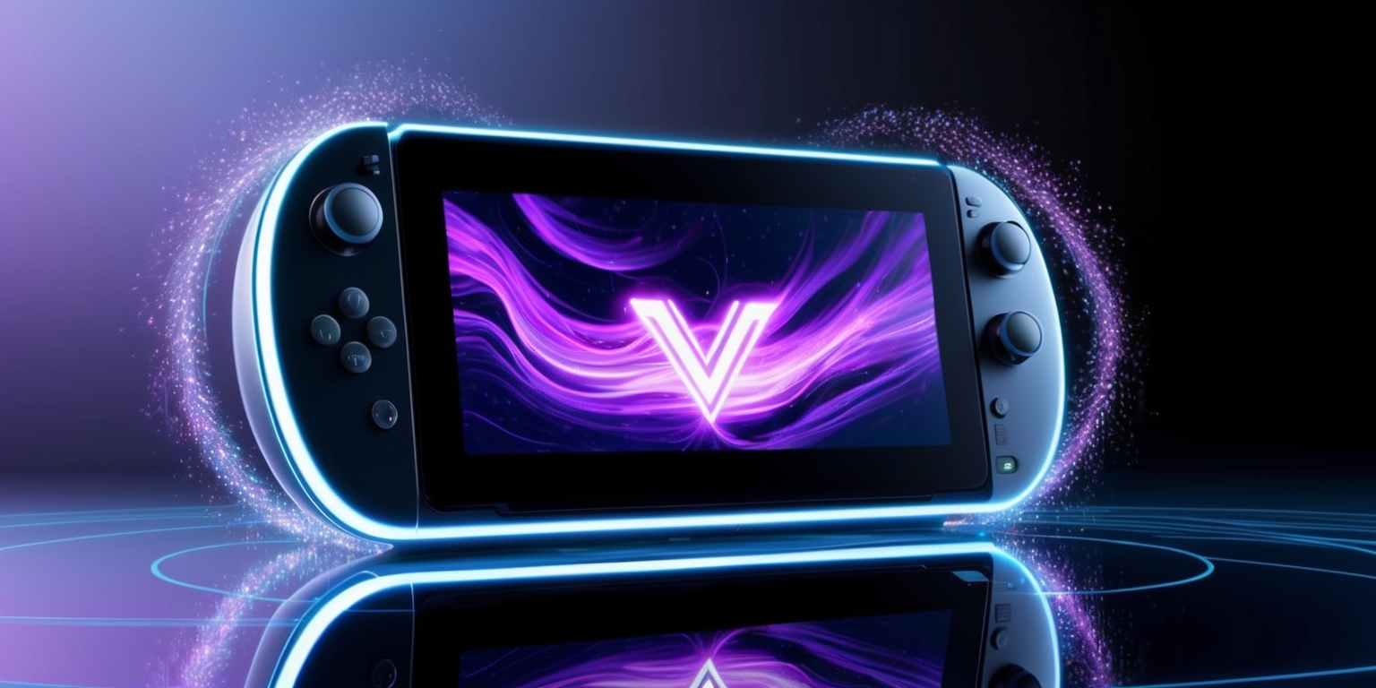 A futuristic, neon-lit game console displaying a mesmerizing verse piece on its screen, with swirling purple and cyan hues resembling a digital aurora, set against a dark, gradient background that transitions from indigo to black, evoking a sense of mystery and high-tech innovation, with sleek, metallic edges and a glowing trim that outlines the console's aerodynamic curves, sitting atop a transparent, glass-like surface that reflects the vibrant colors, surrounded by a halo of subtle, shimmering particles that dance around the console, giving off an otherworldly aura, with minimalist, sans-serif typography in shades of electric blue and silver, accentuating the game's title and logo, which features an stylized, abstract letter V made up of intricate, interconnected circuits, pulsing with a soft, blue light.